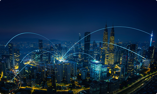 야경 이미지 - 한점에서 네트워크망처럼 빛줄기가 퍼져나감